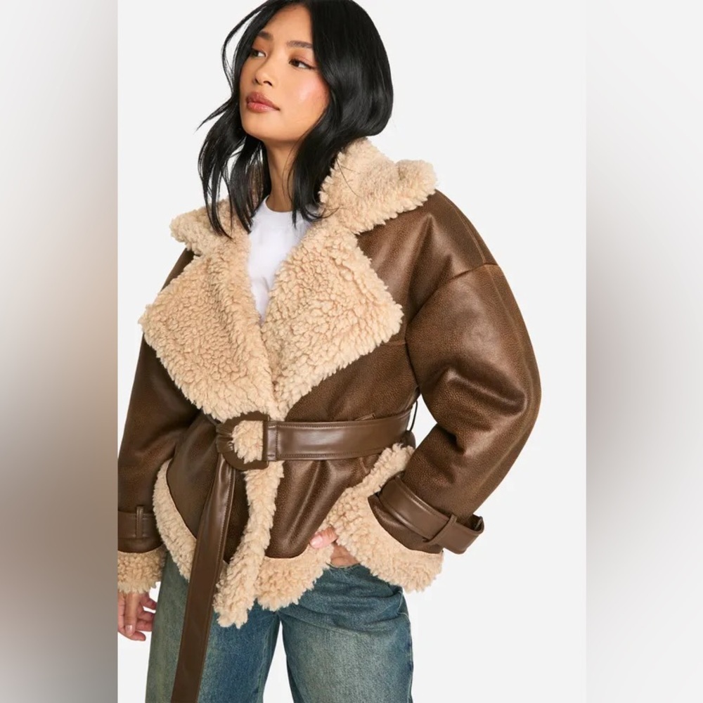 Boohoo Brown Teddy Jacket with Cream Accents